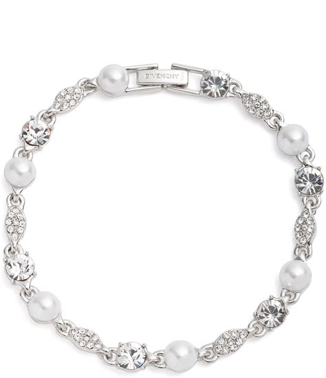 Givenchy Silver Tone Crystal White Pearl Stretch Bracelet 